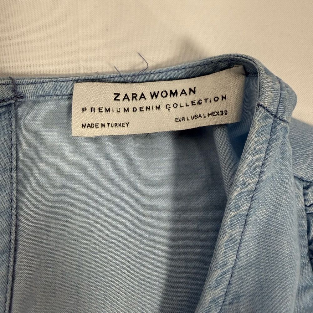 Light Blue Chambray Ruffle Denim Blouse Zara Cottagecore Boho Top Size L Large - Picture 7 of 7